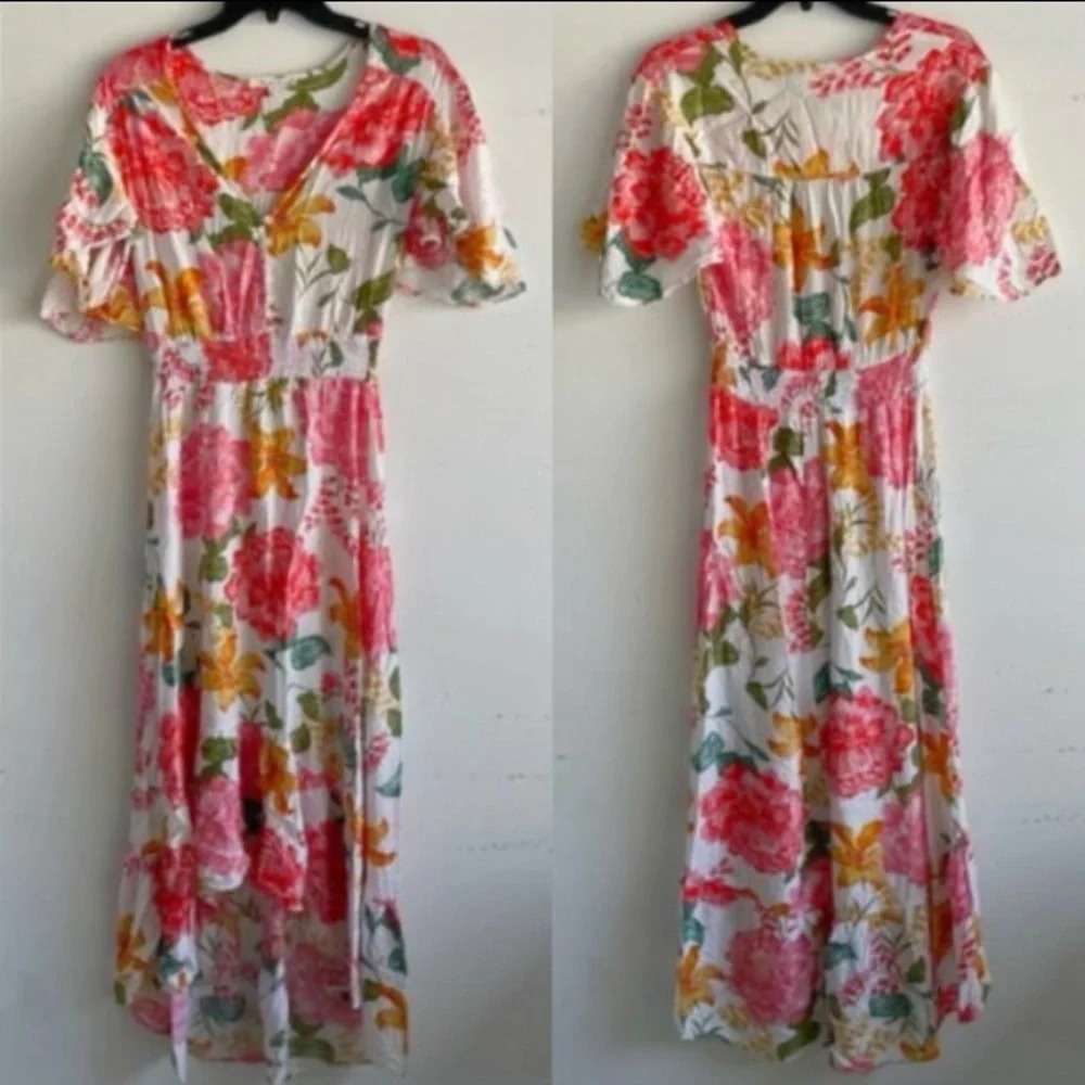 Abel The Label White with Red and Multicolor Floral High-low Maxi Dress 33186